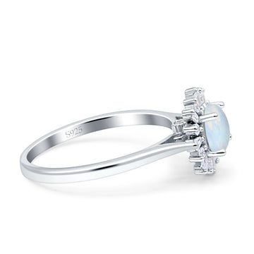 Art Deco Wedding Ring With Baguette And Round Lab Created White Opal 925 Sterling Silver